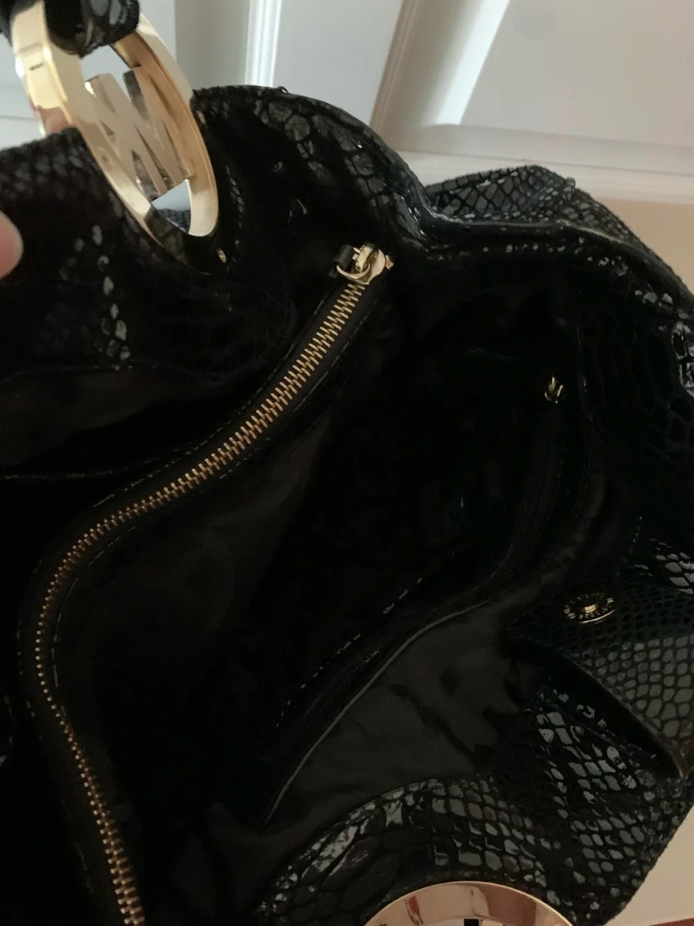 Michael Kors Black Leather in Snakeskin Design Handbag/Tote